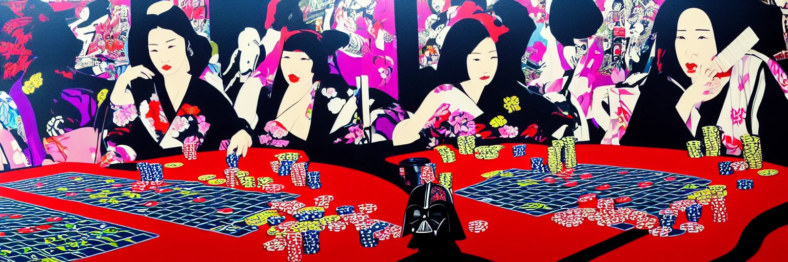 Image similar to hyperrealism composition of the detailed woman in a japanese kimono sitting at an extremely detailed poker table with darth vader, terminator, fireworks on the background, pop - art style, jacky tsai style, andy warhol style, acrylic on canvas