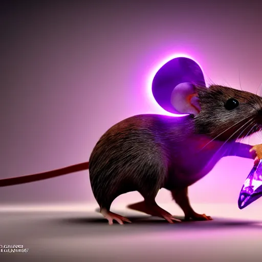 Prompt: armored mouse warrior reaching for a purple crystal, trending on Artstation, octane render, 8k, UHD