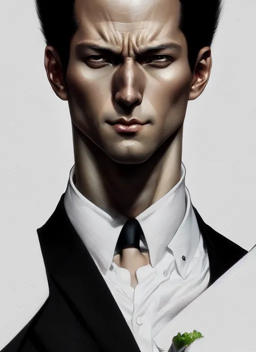 Image similar to ultra realistic illustration, handsome saitama. intricate, elegant, black suit, highly detailed, digital painting, artstation, concept art, smooth, sharp focus, illustration, art by artgerm and greg rutkowski and alphonse mucha and wlop