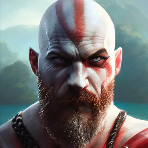 Image similar to kratos closeup portrait, dramatic light, lake background, 2 0 0 mm focal length, painted by stanley lau, painted by greg rutkowski, painted by stanley artgerm, digital art, trending on artstation