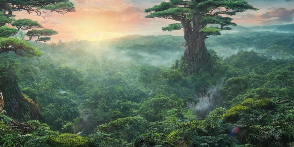 Prompt: giant monster rising from a forest. view from tree tops, 4 k, artgerm, high detail, dramatic lighting, sunset, hayao miyazaki, masashi ando, nizou yamamoto, kazuo oga, joe hisaishi, yoji takeshige, naoya tanaka