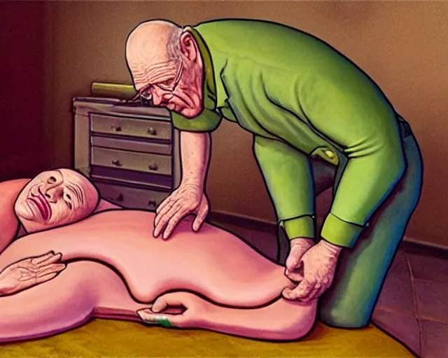 Image similar to the famous snake oil salesman Uncle Aloysius curing a patient of the pink wojacity, painting by Grant Wood, 3D rendering by Beeple, sketch by R. Crumb