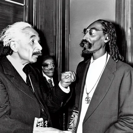 Prompt: Albert Einstein and Snoop Dogg discussing physics and smoking blunts