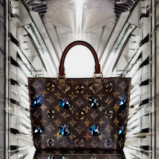 Prompt: a louis vuitton handbag in year 3000, avant-garde, art-deco style, in entrance hall of an art-deco skyscaper, photography , official vuitton editorial , highly detailed
