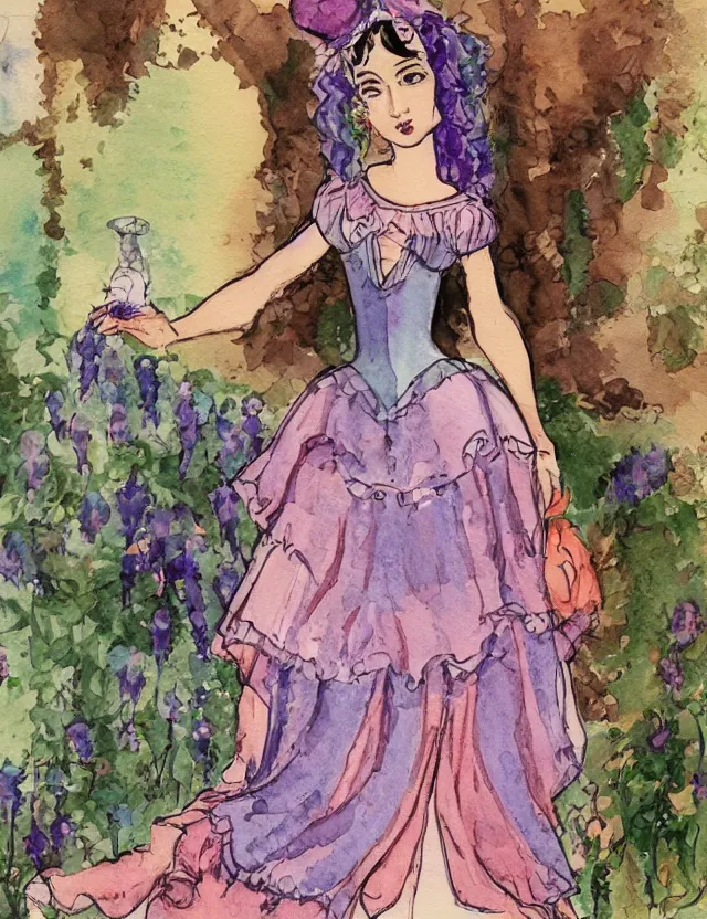 Prompt: middle eastern queen of the wisteria springs, wearing a lolita dress. this heavily stylized watercolor painting by an indie children's book illustrator has an interesting color scheme, plenty of details and impeccable lighting.