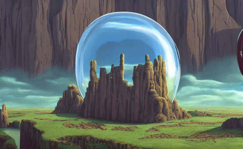 Image similar to a scary hyperrealist painting of a sucubus in a giant transparent bubble from howl's moving castle ( 2 0 0 4 ) in a flooded monument valley stonehenge jungle. depth perception, 4 k, artstation, in the style of studio ghibli