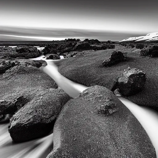 Prompt: minimalist black and white photograph of an icelandic valley, time exposure, of a river, sharp tall pillars, sharp rocks,