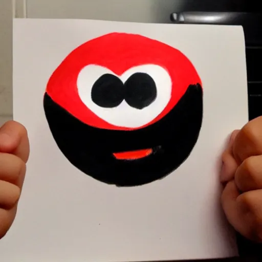 Image similar to child drawing of red eyed emoji face smiling with thumb up