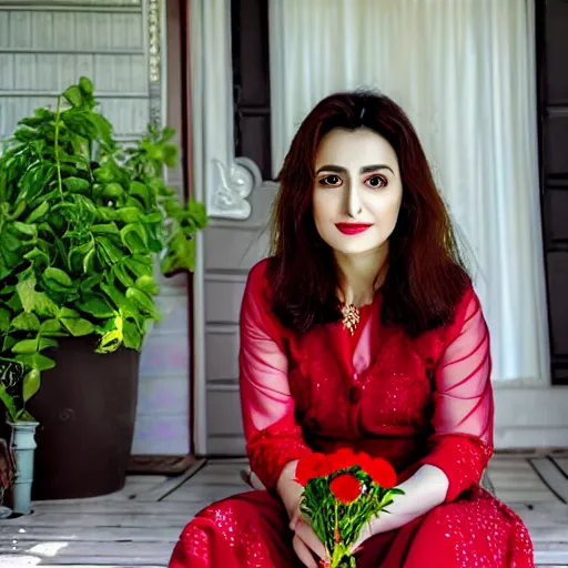 Prompt: a beautiful portrait of the turkish actress rabia soyturk, duy beni serial, sitting on the porch holding a flower, in front of the house