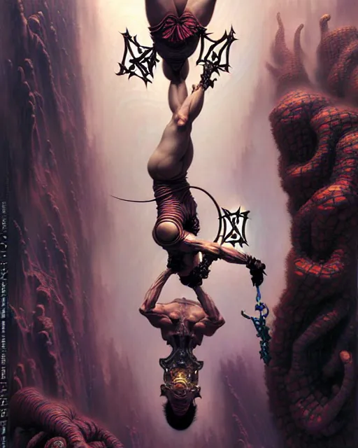 Image similar to man hanging upside down tarot card, fantasy character portrait made of fractals, ultra realistic, wide angle, intricate details, the fifth element artifacts, highly detailed by peter mohrbacher, hajime sorayama, wayne barlowe, boris vallejo, aaron horkey, gaston bussiere, craig mullins