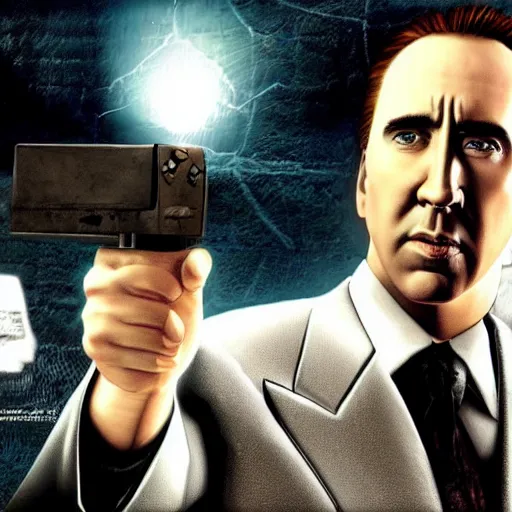 Image similar to Nicholas Cage, video game, xbox 360 graphics, cutscene, gameplay,