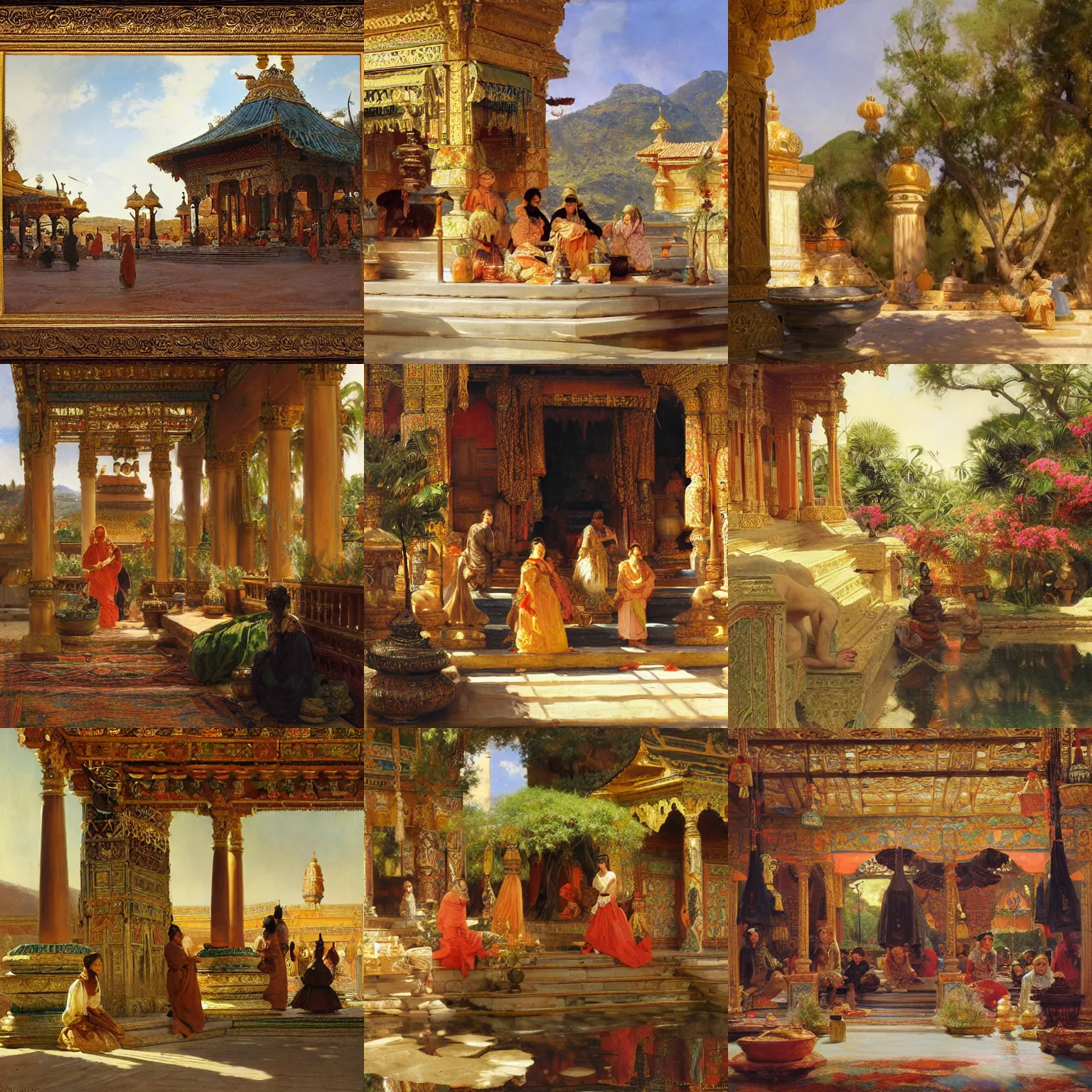 Prompt: orientalism landscape of a richly decorated temple by theodore ralli and nasreddine dinet and anders zorn and nikolay makovsky and edwin longsden long, oil on canvas, masterful intricate artwork, excellent lighting, high detail 8 k