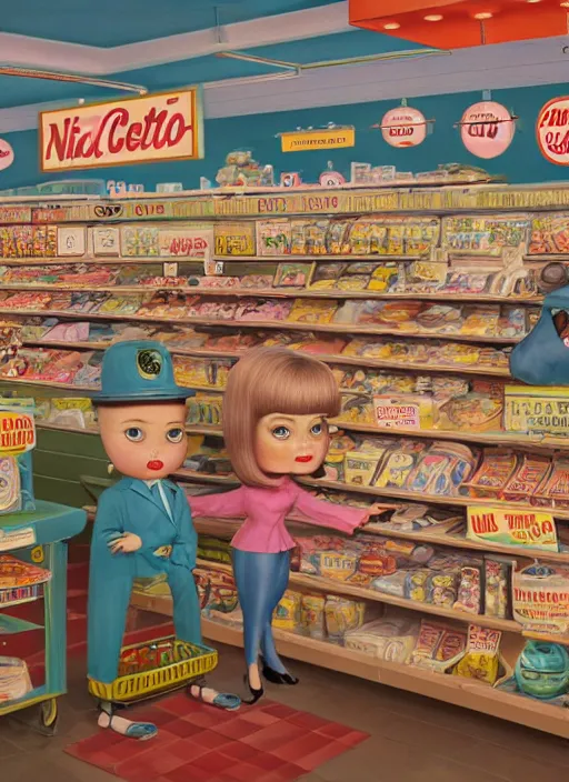 Image similar to highly detailed wide - angle, portrait of a 1 9 6 0 s retro supermarket, unreal engine, nicoletta ceccoli, mark ryden, earl norem, lostfish, global illumination, detailed and intricate environment