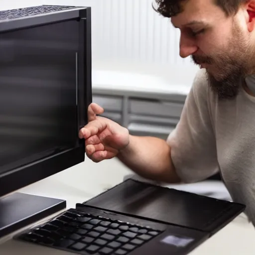 Prompt: tiny mushroom man explores an open computer case