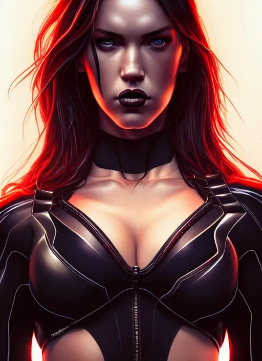 Prompt: symmetry!! gantz portrait of megan fox as black widow, unholy, intricate, highly detailed, dynamic lighting, digital art, digital painting, artstation, terence nielsen, sharp focus, illustration, art by artgerm and greg rutkowski and moebius, 8 k