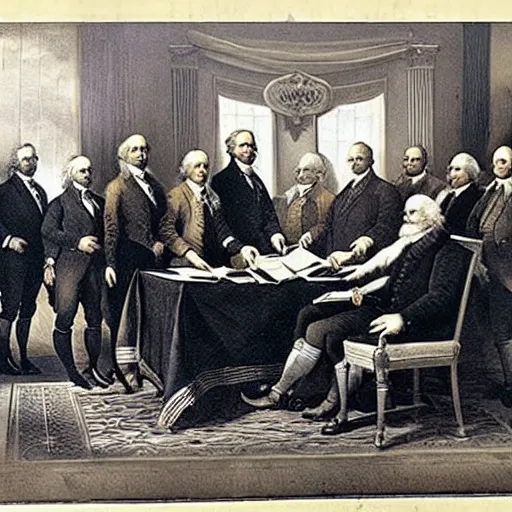 Prompt: old photograph of among us at the signing of the declaration of independance