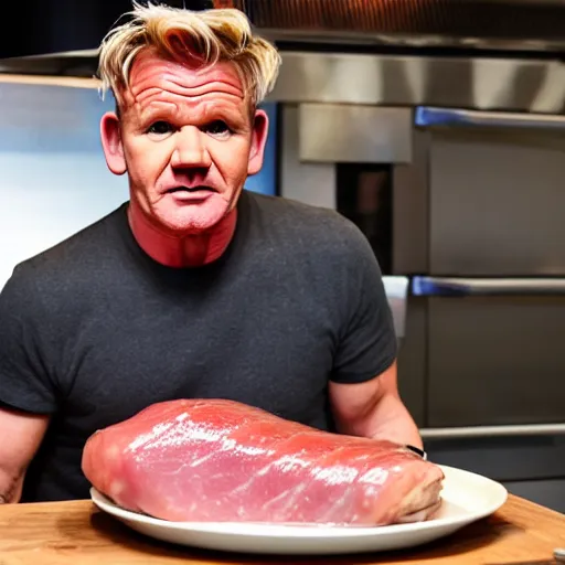 Image similar to gordon ramsay as a cooked leg of ham on a plate