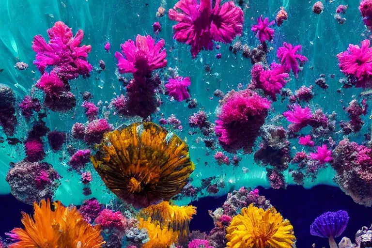 Image similar to alien flowers in a bright underwater crystal cave