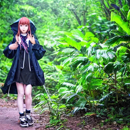 Image similar to anime girl wearing a rain coat in a jungle