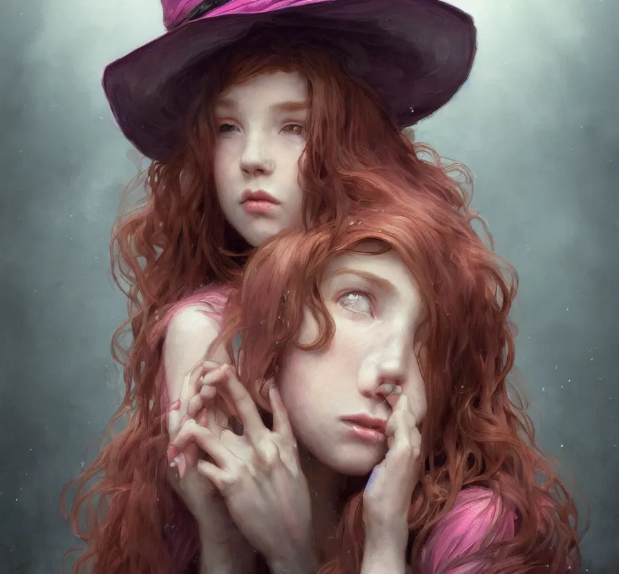 Prompt: one person only, realistic, portrait, centered, dramatic, fantasy, render of a redhead young girl, with a pink wool street hat on her head, by wlop, artgerm, greg rutkowski, alphonse mucha, beautiful dynamic, dramatic, dark, moody lighting, shadows, cinematic atmosphere, artstation, concept design art, octane render, 8 k