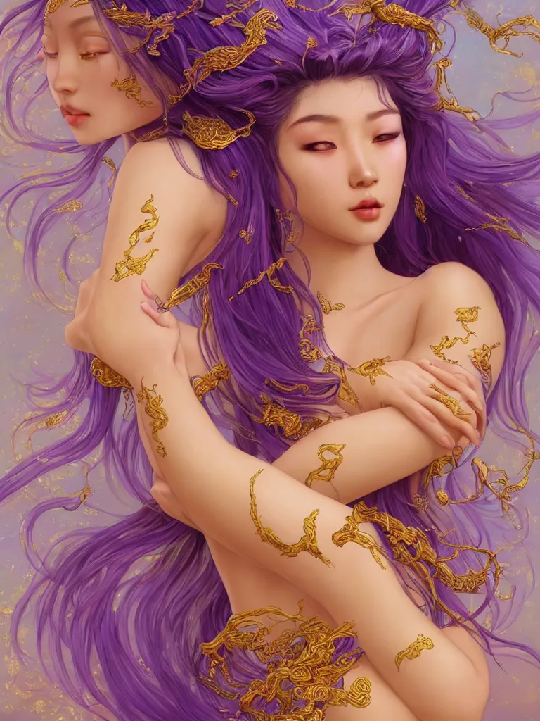 Image similar to asian nymph goddess flowing purple hair twisting in sensual pose with golden tattoes of cursive sigils on her opalescent skin, fantasy, intricate, very beautiful, elegant, golden light, highly detailed, digital painting, artstation, concept art, smooth, sharp focus, unreal engine, art by wlop and tian zi and alphonse mucha