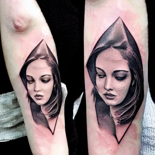 Image similar to realistic tattoo sketch of a beautiful woman face double exposure with a mountain scenery, in the style of matteo pasqualin, amazing detail