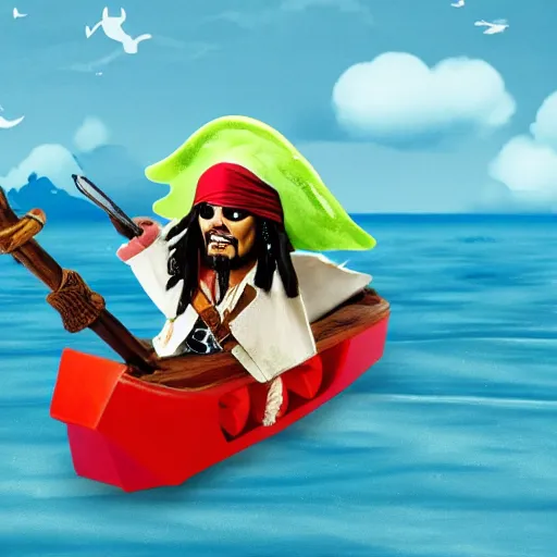 Prompt: Jack Sparrow on a paper boat in the middle of an ocean made out of slime