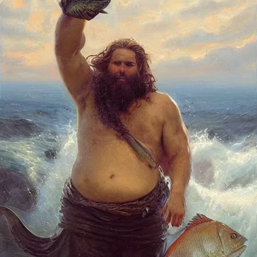 Image similar to by michael malm stormy. a sculpture of a mythological scene. large, bearded man seated on a throne, surrounded by sea creatures. he has a trident in one hand & a shield in the other. behind him is a large fish. in front of him are two smaller creatures.