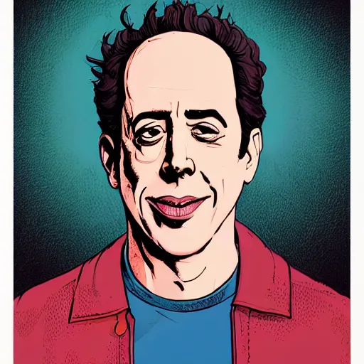Prompt: a study of cell shaded portrait of jerry seinfeld with eyes closed concept art, eyes shut llustration, post grunge, concept art by josan gonzales and wlop, by james jean, Victo ngai, David Rubín, Mike Mignola, Laurie Greasley, highly detailed, eyes closed, sharp focus, alien, Trending on Artstation, HQ, deviantart, art by artgem