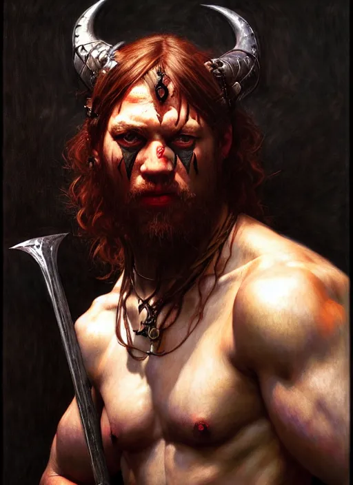 Image similar to barbarian, savage, full body, hyper realistic, extremely detailed, dnd character art portrait, dark fantasy art, intricate fantasy painting, dramatic lighting, vivid colors, deviantart, artstation, by edgar maxence and caravaggio and michael whelan and delacroix.