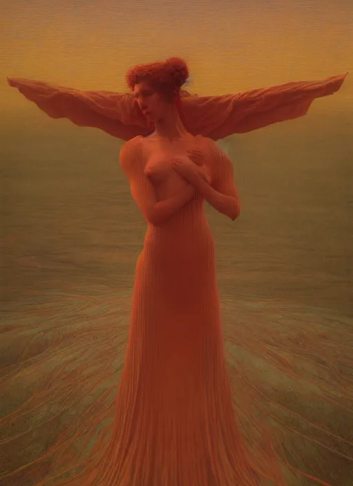 Prompt: Woman masterpiece, red, golden halo behind her head, by Edgar Maxence and Ross Tran, Zdzisław Beksiński, and Michael Whelan, distant, gustav dore, H.R. Giger, 8k, octane render