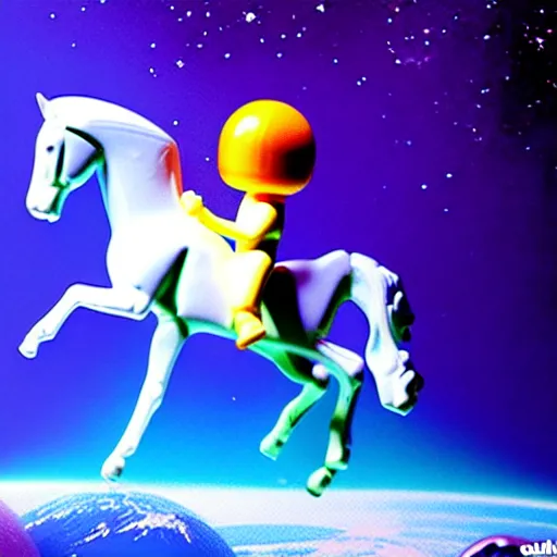 Image similar to a plastic horse toy is dancing on lying astronaut, concept art, fantasia photo