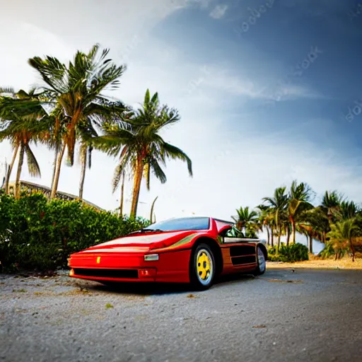 Prompt: Ferrari Testarossa parked on a coast road with a beach and palm trees