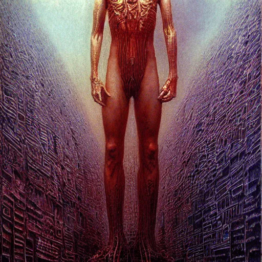 Image similar to cyberpunk dreaming in a a gigeresque world by jean delville by luis royo and wayne barlowe, beksinski