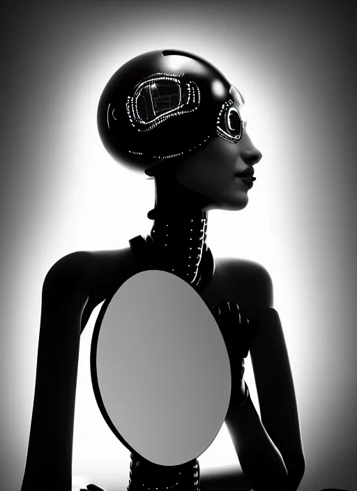 Prompt: surreal mythical dreamy dark artistic black and white fine art fashion portrait photo of a young beautiful delicate female metropolis robot kissing her mirror reflection, spiritual, halo, glory, rim light, cinematic, studio dramatic light, poetic, masterpiece, octane render, 8 k, photo - realistic by dora maar man ray