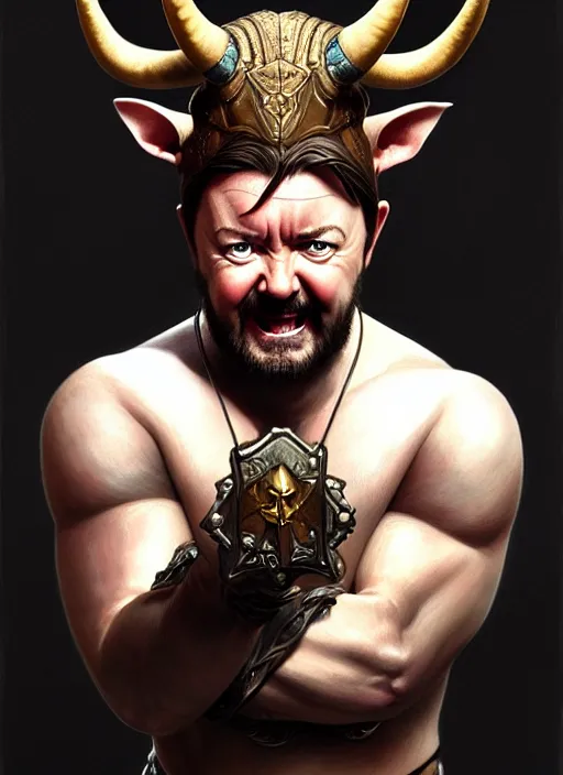 Prompt: portrait of ricky gervais as a minotaur, d & d, muscular! fantasy, intricate, elegant, highly detailed, digital painting, artstation, concept art, smooth, sharp focus, illustration, art by artgerm and greg rutkowski and alphonse mucha