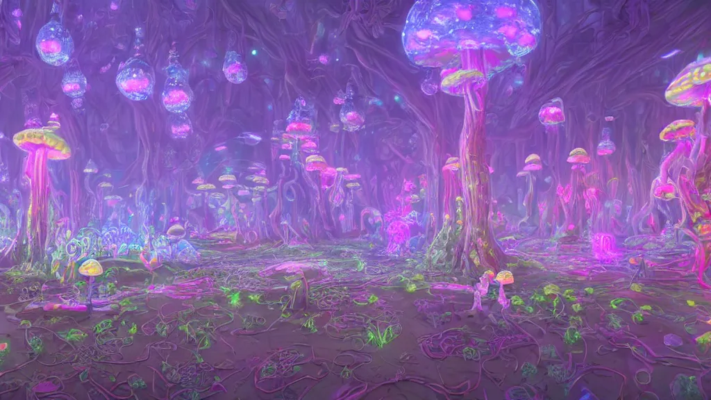 Prompt: 8k, acid trip, hall of mirrors, ultra detailed, a hyperrealistic image of a mycelium forest with neon glowing mushrooms, with magical creatures, in the style of earthbound ,trending on patreon, artstation, deviantart. Unreal engine