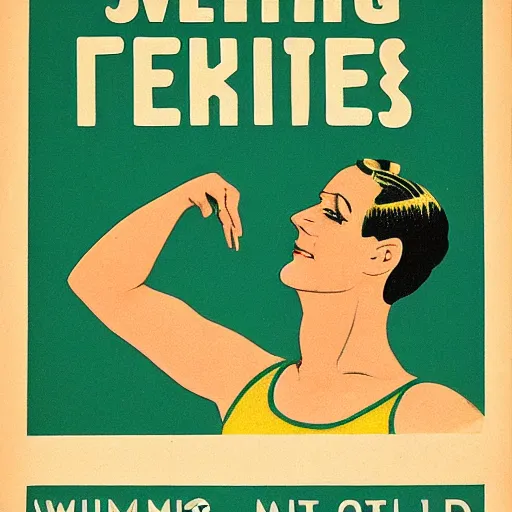 Image similar to year 1 9 2 8 health advice poster for swimming. mint green and gold