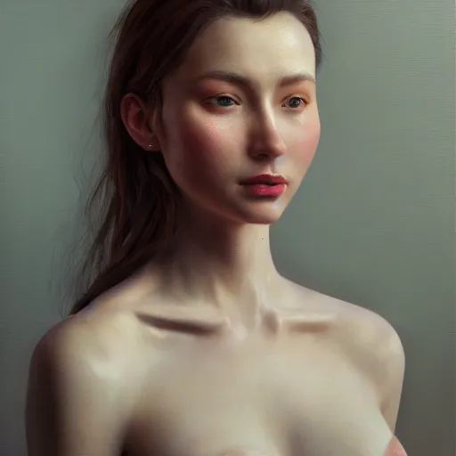 Image similar to a beautiful posed woman, aesthetic, oil painting, pale colors, high detail, 8 k, wide angle, octane render, trending on artstation,