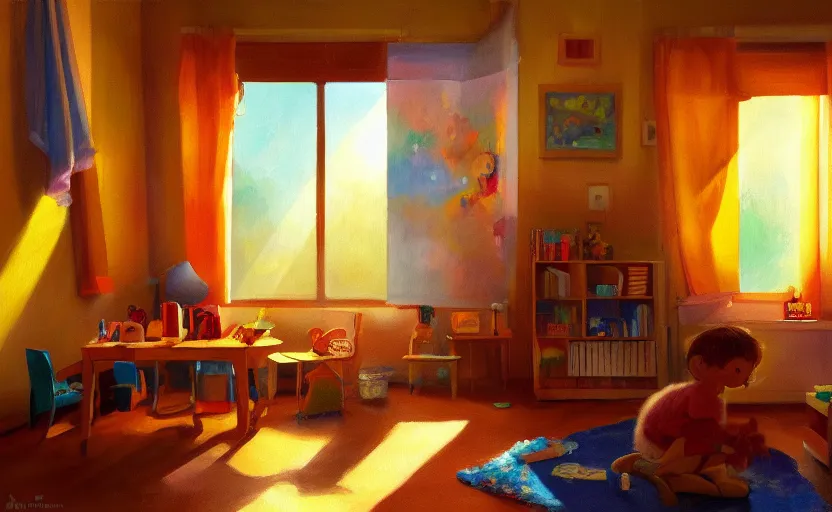 Prompt: happy morning and the rays of the morning sun shining through the window of kid's room in the village house clear sky, warm colors, happy mood, oil painting, high detail, trending on artstation