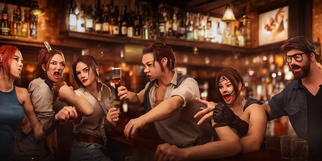 Prompt: a photo of a bar fight inside a pub between cosplayers, detailed faces, accurate faces, 4k, 3D render, hyperrealism, editorial, photorealistic, crisp details, sharp focus, wide angle lens, octane render, caustics