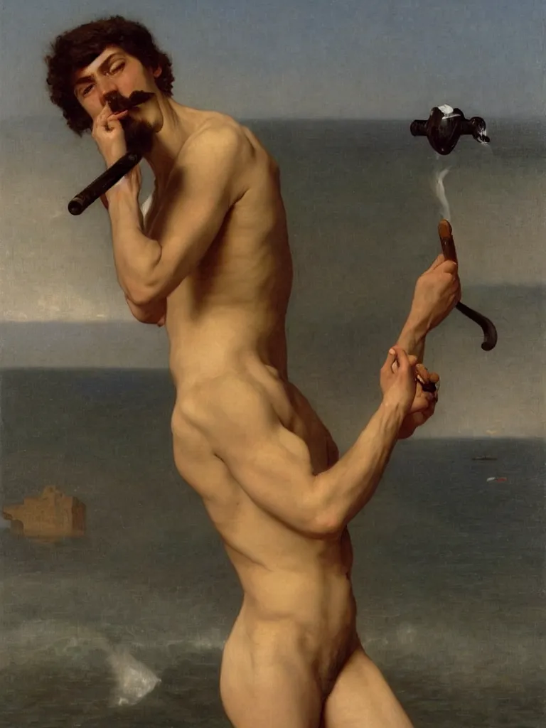 Image similar to long shot portrait of one young handsome danish man with mustache and muscles smoking a pipe in the sea, by bouguereau and by andrey remnev