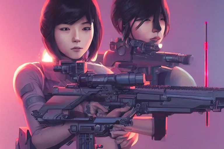 Prompt: young female japanese sniper aiming a railgun sniper rifle, neon, cyberpunk, futuristic, full cybernetic combat suit, short bob haircut, stunning illustration, highly detailed, digital painting, smooth, soft focus, illustration, ghost in the shell, 4 k digital art from artstation by artgerm and greg rutkowski and alphonse mucha