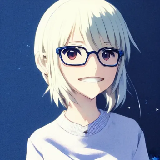 Prompt: anime cute chibi girl in blue sweater white white pale hair black glasses standing gentle!!! smile background by greg rutkowski makoto shinkai kyoto animation key art feminine mid shot wlop madhouse, ufotable, comixwave films, trending on artstation