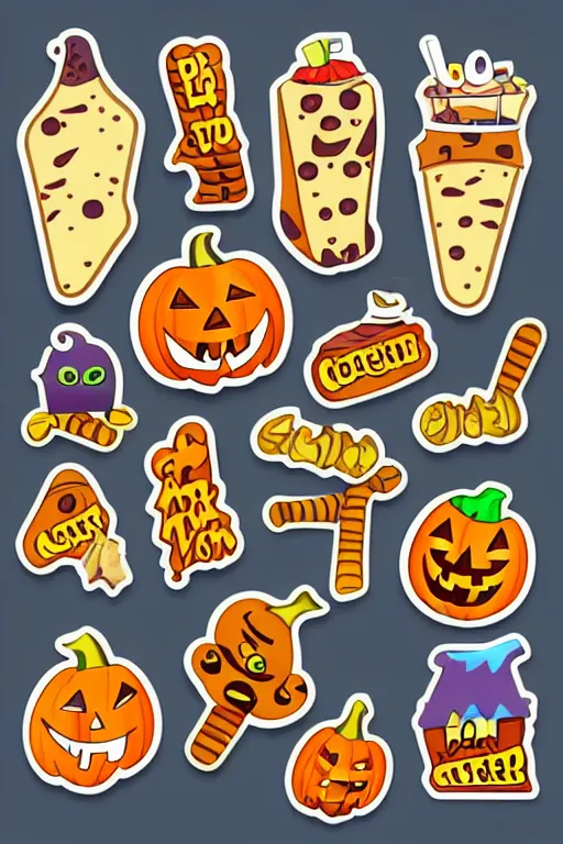 Image similar to collection of halloween food and candies, sticker, andromorphic, colorful, illustration, highly detailed, simple, smooth and clean vector curves, no jagged lines, vector art, smooth