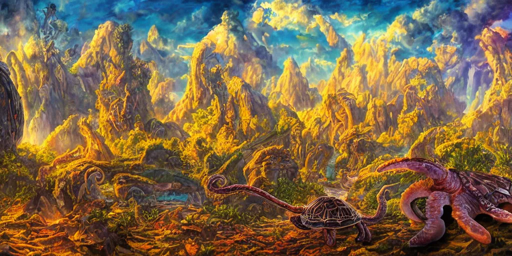 Image similar to fantasy oil painting, great leviathan, cybernetic turtle cephalopod terrapin reptilian pachyderm squid, bella hadid, hybrid, milla jovovich, anubis epic islamic city, natural light, lush plants flowers, spectacular mountains, bright clouds, luminous sky, outer worlds, golden hour, michael cheval, edward hopper, michael whelan, hd