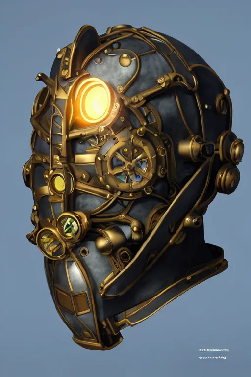 Image similar to steampunk mask minimalist fantasy art robot ninja helmet, global illumination ray tracing hdr fanart arstation by sung choi and eric pfeiffer and gabriel garza and casper konefal radiating a glowing aura