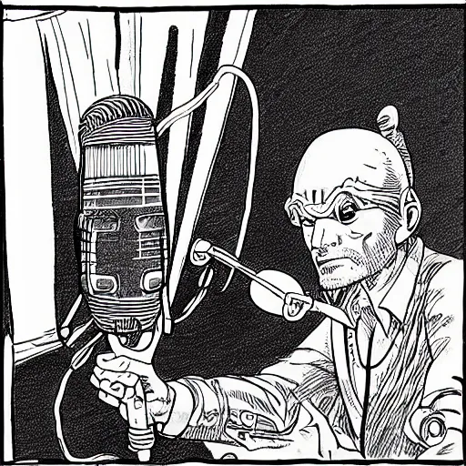 Image similar to drawn in the style of jean giraud!! moebius!! rackham the red wearing headphones and speaking into big microphone, podcast studio