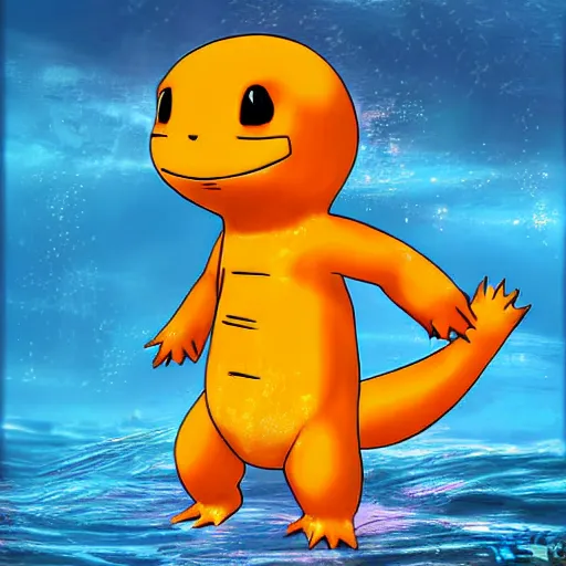 Prompt: a charmander with water powers, digital art, realistic,ocean background