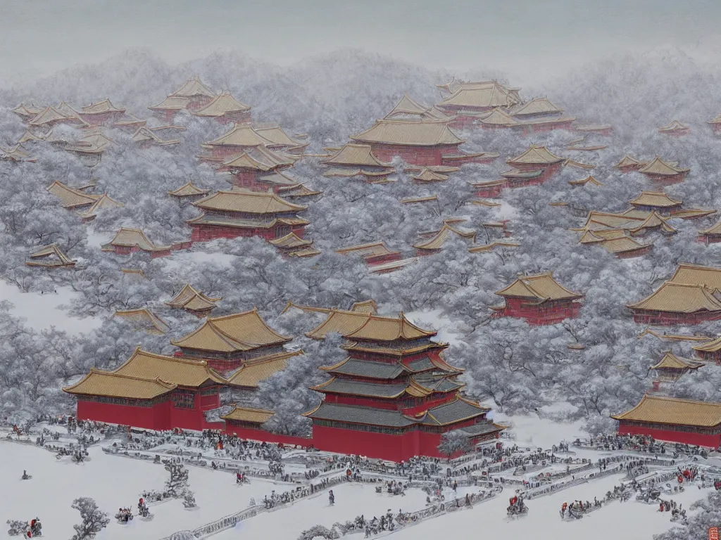 Prompt: forbidden city on snow mountain, highly detailed, cinematic landscape ， on a snowy day, oil painting style, by xu beihong